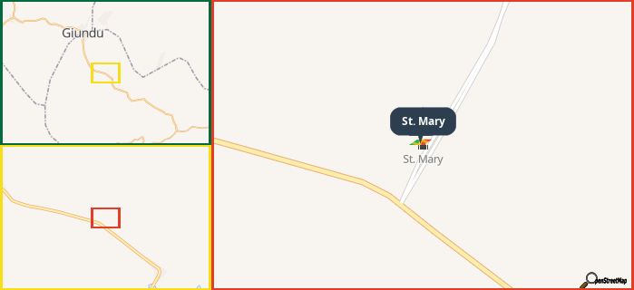 Map showing the address of St. Mary in three different zoom levels.
