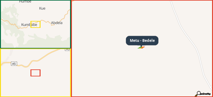 Map showing the address of Metu - Bedele in three different zoom levels.