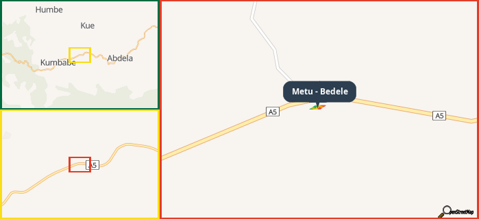 Map showing the address of Metu - Bedele in three different zoom levels.