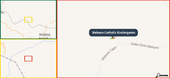 Map showing the address of Mekano Catholic Kindergaten in three different zoom levels.