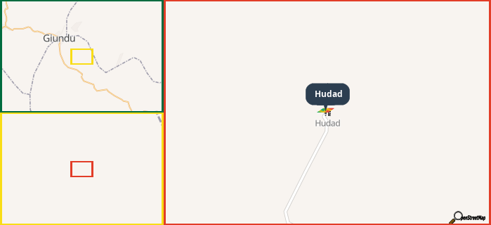 Map showing the address of Hudad in three different zoom levels.