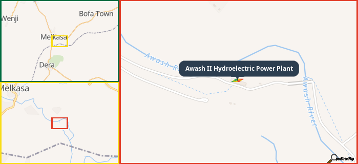 Map showing the address of Awash II Hydroelectric Power Plant in three different zoom levels.