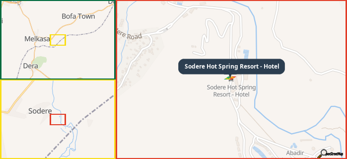 Map showing the address of Sodere Hot Spring Resort - Hotel in three different zoom levels.