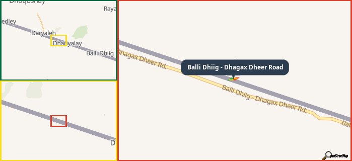 Map showing the address of Balli Dhiig - Dhagax Dheer Road in three different zoom levels.