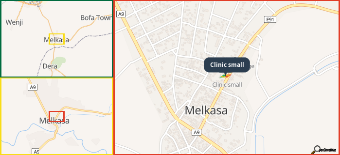 Map showing the address of Clinic small in three different zoom levels.