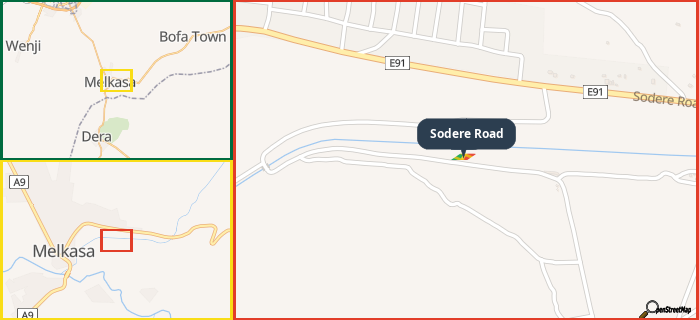 Map showing the address of Sodere Road in three different zoom levels.