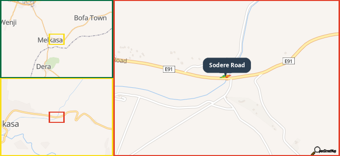 Map showing the address of Sodere Road in three different zoom levels.