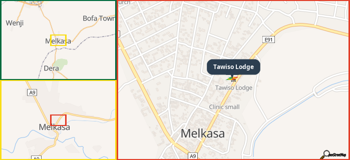 Map showing the address of Tawiso Lodge in three different zoom levels.