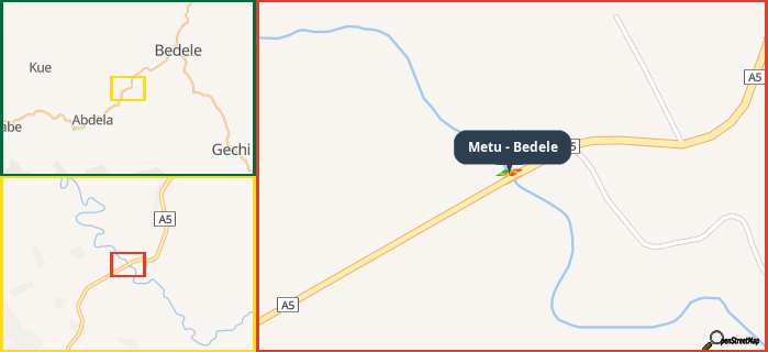 Map showing the address of Metu - Bedele in three different zoom levels.