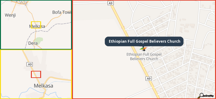 Map showing the address of Ethiopian Full Gospel Believers Church in three different zoom levels.
