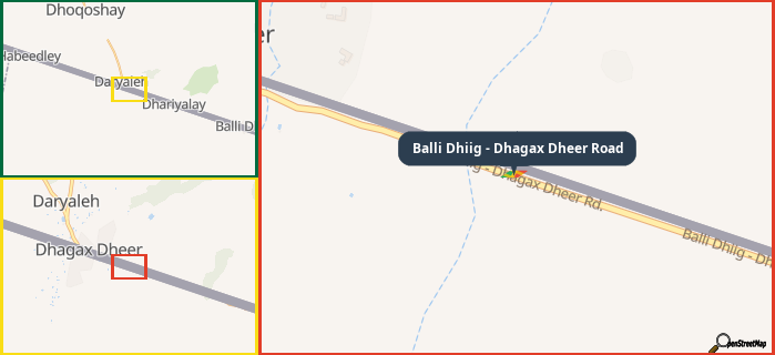 Map showing the address of Balli Dhiig - Dhagax Dheer Road in three different zoom levels.