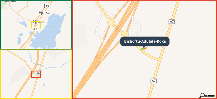 Map showing the address of Bishoftu-Adulala-Koka in three different zoom levels.