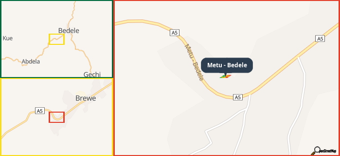 Map showing the address of Metu - Bedele in three different zoom levels.