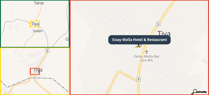 Map showing the address of Sisay Molla Hotel & Restaurant in three different zoom levels.