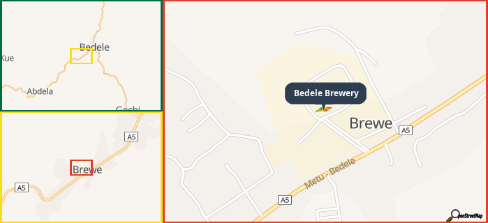 Map showing the address of Bedele Brewery in three different zoom levels.