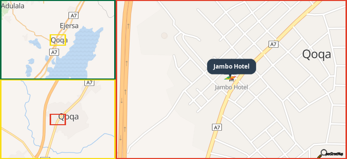 Map showing the address of Jambo Hotel in three different zoom levels.