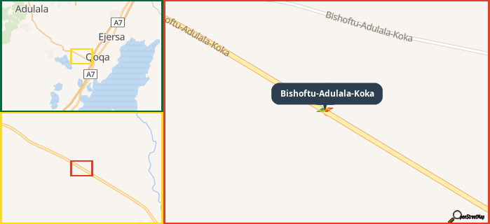Map showing the address of Bishoftu-Adulala-Koka in three different zoom levels.
