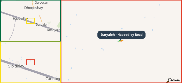 Map showing the address of Daryaleh - Habeedley Road in three different zoom levels.