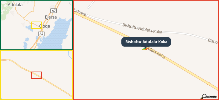 Map showing the address of Bishoftu-Adulala-Koka in three different zoom levels.