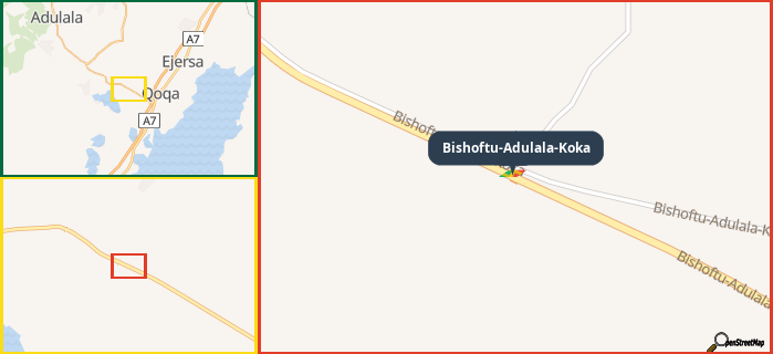 Map showing the address of Bishoftu-Adulala-Koka in three different zoom levels.