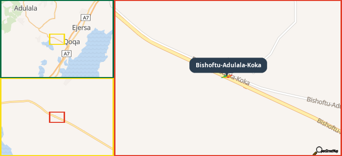 Map showing the address of Bishoftu-Adulala-Koka in three different zoom levels.