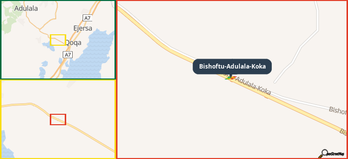 Map showing the address of Bishoftu-Adulala-Koka in three different zoom levels.