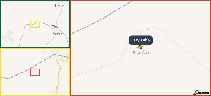 Map showing the address of Dayu Abo in three different zoom levels.