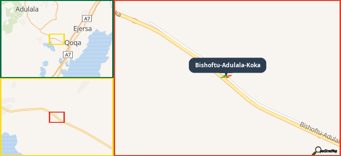 Map showing the address of Bishoftu-Adulala-Koka in three different zoom levels.