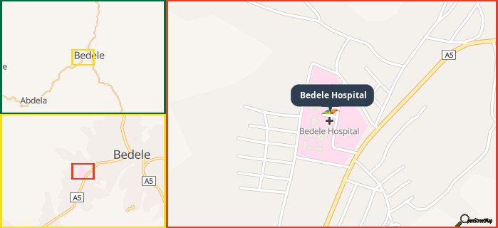 Map showing the address of Bedele Hospital in three different zoom levels.