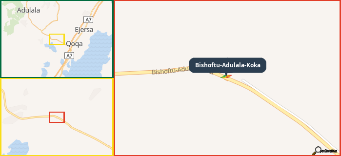 Map showing the address of Bishoftu-Adulala-Koka in three different zoom levels.