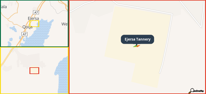 Map showing the address of Ejersa Tannery in three different zoom levels.