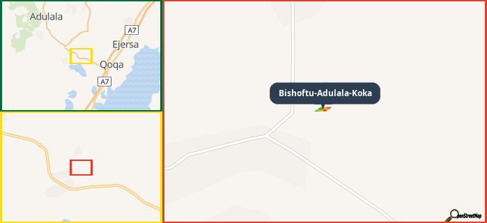 Map showing the address of Bishoftu-Adulala-Koka in three different zoom levels.