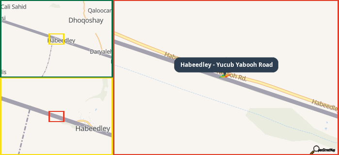 Map showing the address of Habeedley - Yucub Yabooh Road in three different zoom levels.