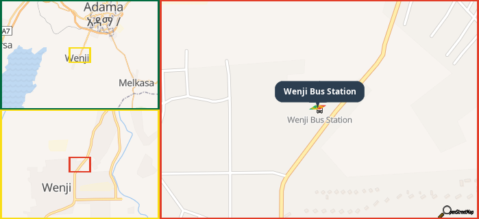 Map showing the address of Wenji Bus Station in three different zoom levels.