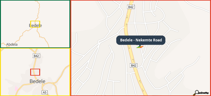 Map showing the address of Bedele - Nekemte Road in three different zoom levels.