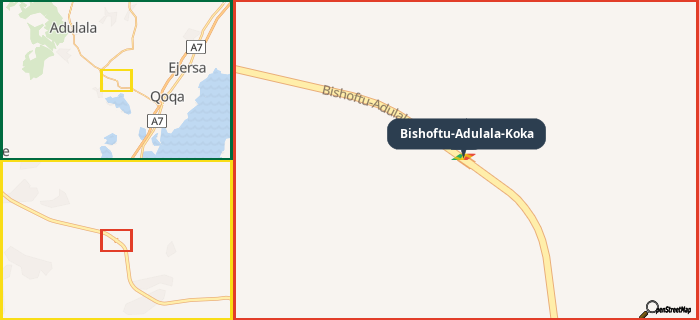 Map showing the address of Bishoftu-Adulala-Koka in three different zoom levels.