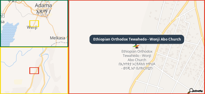 Map showing the address of Ethiopian Orthodox Tewahedo - Wonji Abo Church in three different zoom levels.