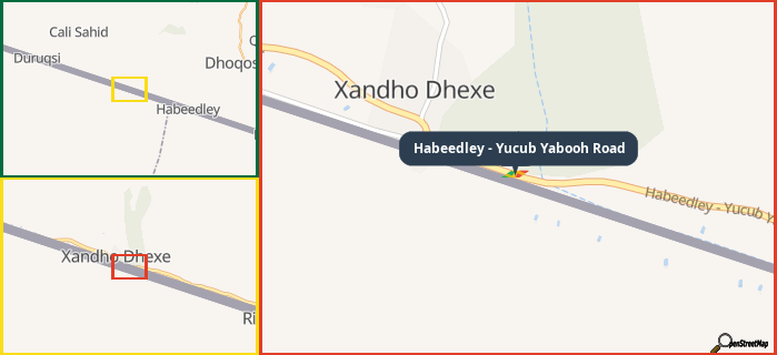 Map showing the address of Habeedley - Yucub Yabooh Road in three different zoom levels.