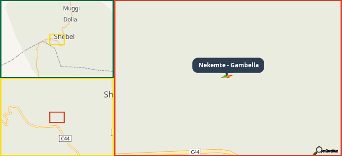 Map showing the address of Nekemte - Gambella in three different zoom levels.