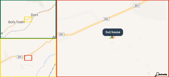 Map showing the address of hut house in three different zoom levels.