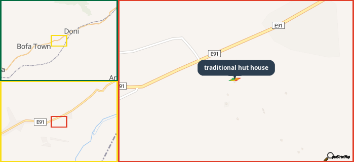 Map showing the address of traditional hut house in three different zoom levels.