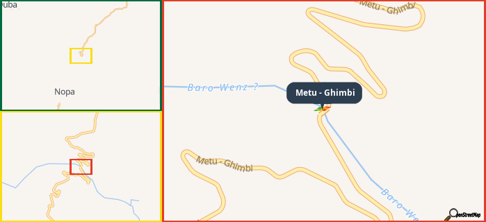 Map showing the address of Metu - Ghimbi in three different zoom levels.