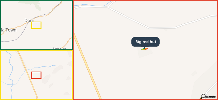 Map showing the address of Big red hut in three different zoom levels.