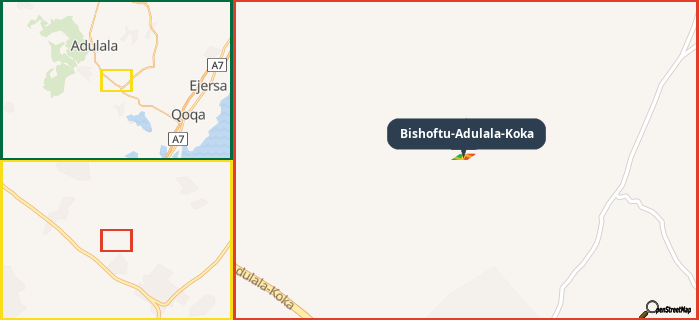 Map showing the address of Bishoftu-Adulala-Koka in three different zoom levels.