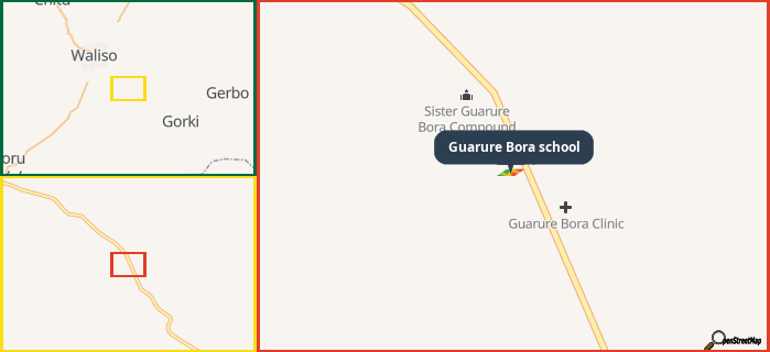 Map showing the address of Guarure Bora school in three different zoom levels.