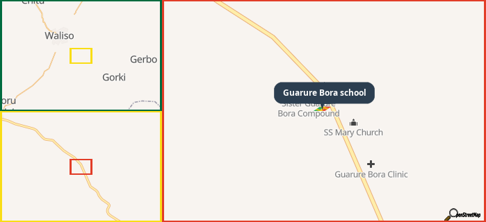 Map showing the address of Guarure Bora school in three different zoom levels.
