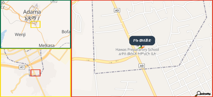 Map showing the address of ቦኩ መስጅድ in three different zoom levels.