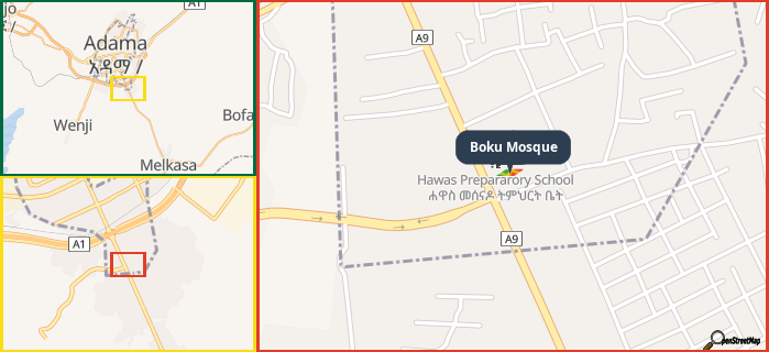 Map showing the address of Boku Mosque in three different zoom levels.