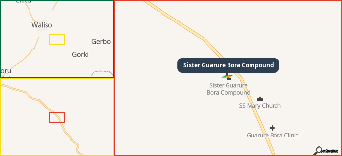 Map showing the address of Sister Guarure Bora Compound in three different zoom levels.