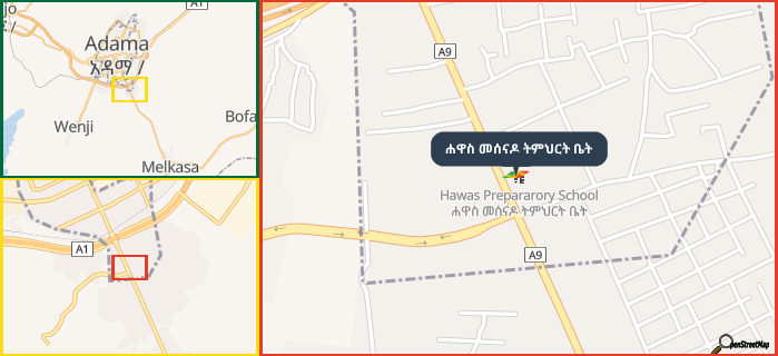 Map showing the address of ሐዋስ መሰናዶ ትምህርት ቤት in three different zoom levels.